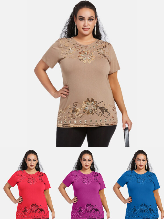 Women's Elegant Round Neck Floral Sequin Embroidery Short Sleeve T-Shirt, Clothing Wholesale Market -LIUHUA, Women, Women-s-Bottoms