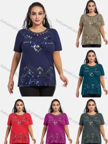 Wholesale Women's Elegant Round Neck Floral Sequin Embroidery Short Sleeve T-Shirt, LIUHUA CLOTHING WHOLESALE