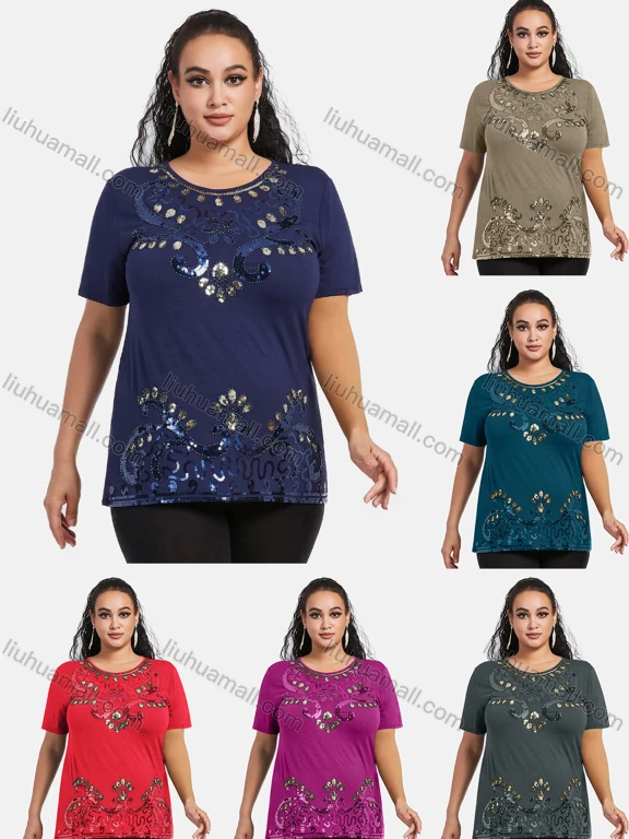 Wholesale Women's Elegant Round Neck Floral Sequin Embroidery Short Sleeve T-Shirt