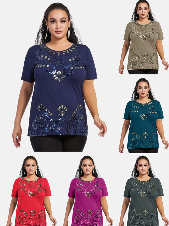 Women's Elegant Round Neck Floral Sequin Embroidery Short Sleeve T-Shirt, Clothing Wholesale Market -LIUHUA, Women, Women-s-Top