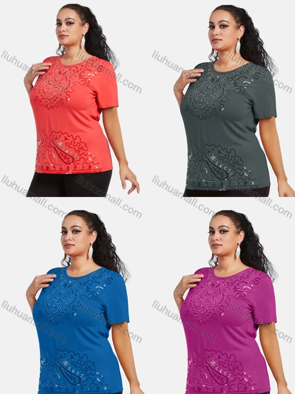 Wholesale Women's Elegant Round Neck Floral Sequin Embroidery Short Sleeve T-Shirt