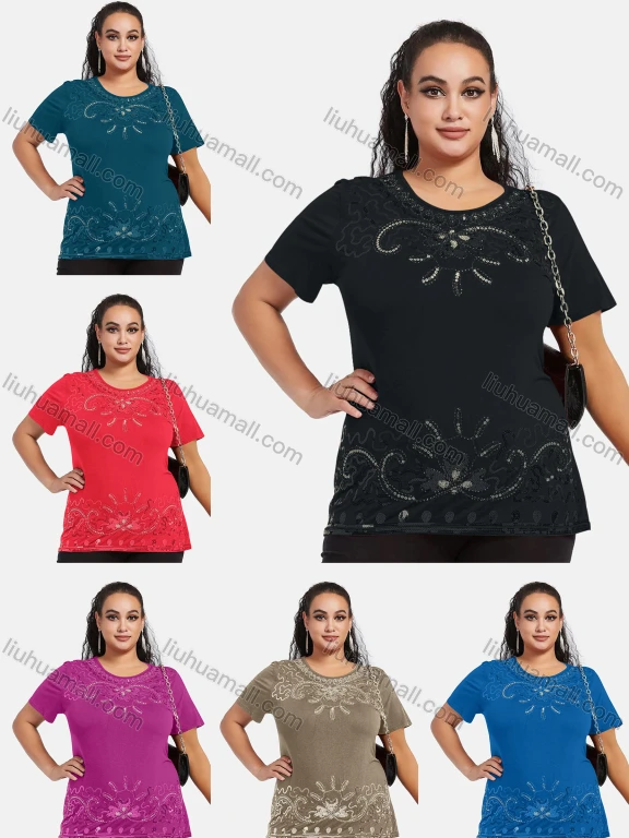 Wholesale Women's Elegant Round Neck Floral Sequin Embroidery Short Sleeve T-Shirt