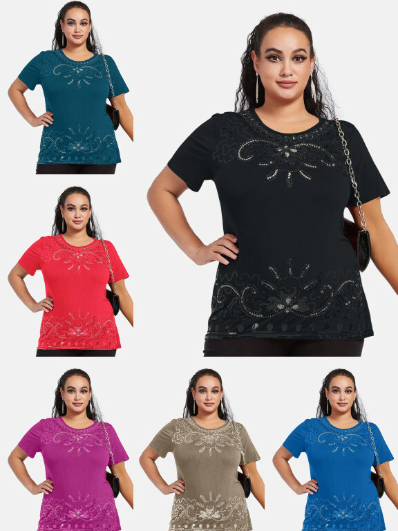 Women's Elegant Round Neck Floral Sequin Embroidery Short Sleeve T-Shirt, Clothing Wholesale Market -LIUHUA, Women, Women-s-Bottoms