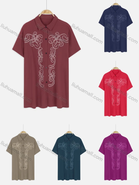 Wholesale Women's Plus Size Collared Short Sleeve Button Down Embroidery Casual Shirt