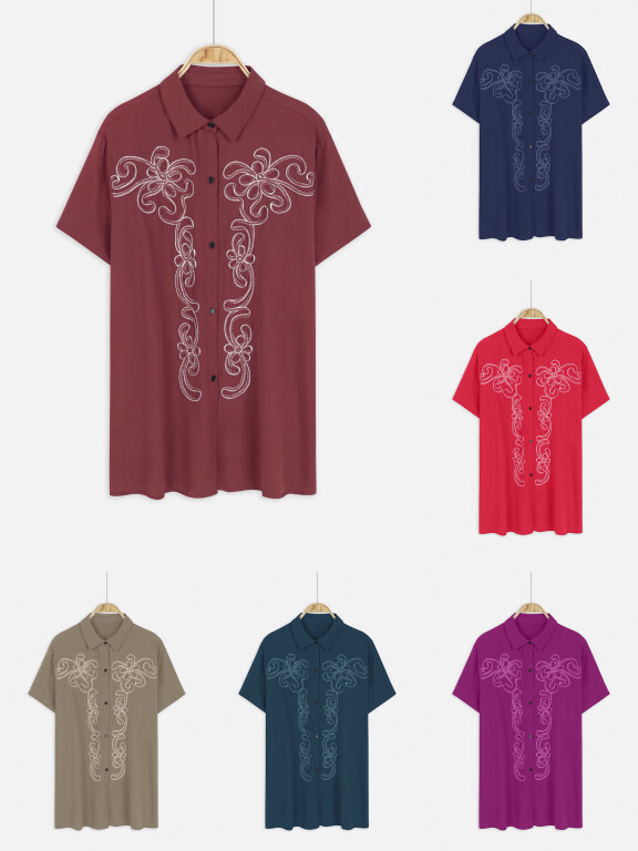 Women's Plus Size Collared Short Sleeve Button Down Embroidery Casual Shirt, Clothing Wholesale Market -LIUHUA, Women, Women-s-Top