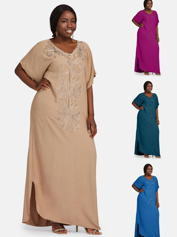 Women's African Embroidery Robe Short Sleeve Kaftan Curved Hem Plus Size Maxi Dress, Clothing Wholesale Market -LIUHUA, Specialty, Wedding-Apparel-Accessories