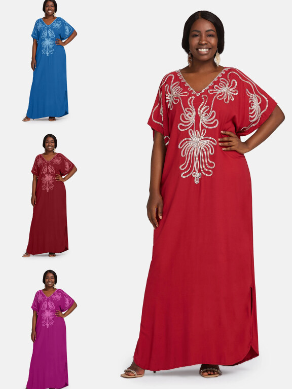 Women's African Embroidery Robe Short Sleeve Kaftan Curved Hem Plus Size Maxi Dress, Clothing Wholesale Market -LIUHUA, Specialty, Women-s-Muslim-Clothing