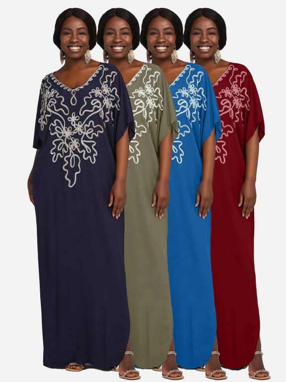 Women's African Embroidery Robe Short Sleeve Kaftan Curved Hem Plus Size Maxi Dress, Clothing Wholesale Market -LIUHUA, Specialty, Other-Clothing