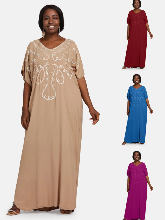 Women's African Embroidery Robe Butterfly Sleeve Kaftan Curved Hem Plus Size Maxi Dress, Clothing Wholesale Market -LIUHUA, Specialty, Wedding-Apparel-Accessories