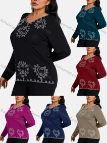 Wholesale Women's Elegant V Neck Floral Sequin Embroidery Long Sleeve T-Shirt, LIUHUA CLOTHING WHOLESALE
