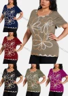 Wholesale Women's Elegant Round Neck Gradient Floral Embroidery Short Sleeve T-Shirt - Liuhuamall