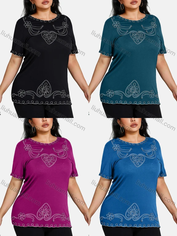 Wholesale Women's Elegant Round Neck Floral Embroidery Short Sleeve T-Shirt