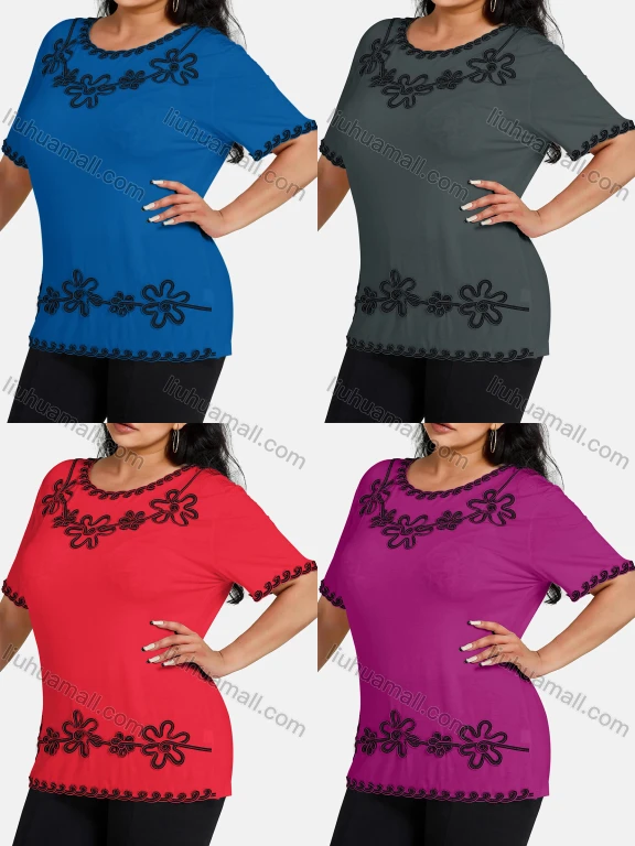 Wholesale Women's Elegant Round Neck Floral Embroidery Short Sleeve T-Shirt