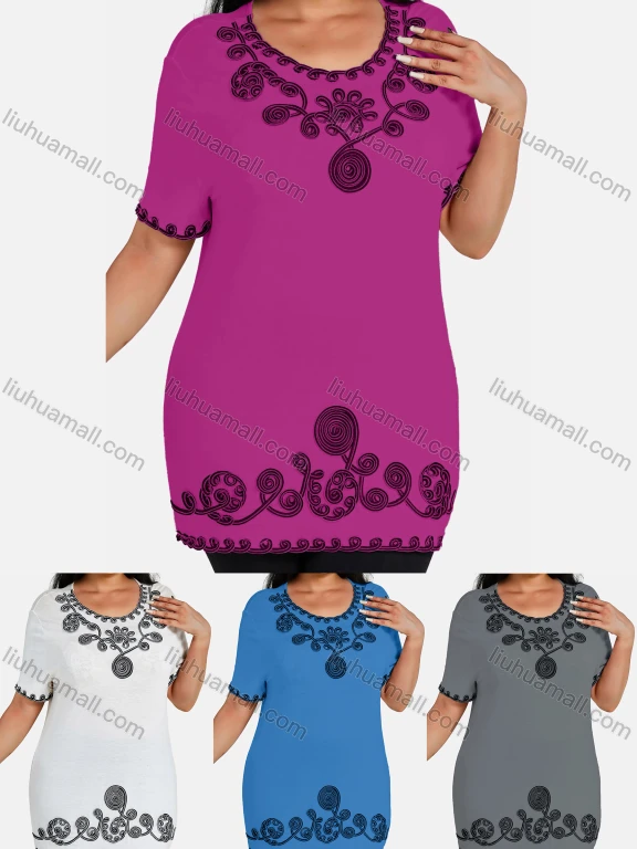 Wholesale Women's Elegant Round Neck Floral Embroidery Short Sleeve T-Shirt