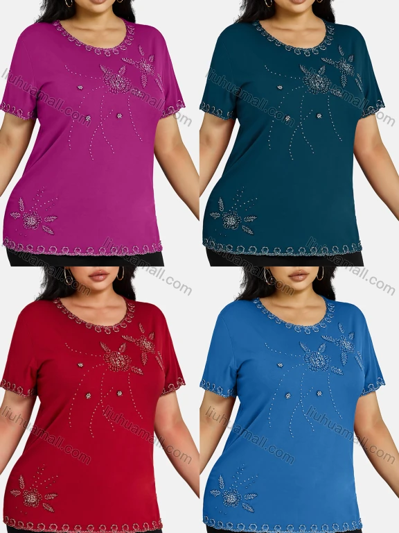 Wholesale Women's Elegant Round Neck Floral Embroidery Short Sleeve T-Shirt