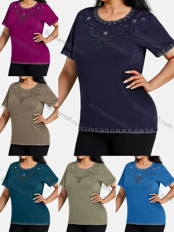 Wholesale Women's Elegant Round Neck Floral Embroidery Short Sleeve T-Shirt