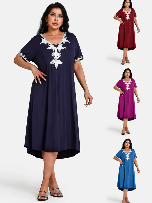 Women's Plus Size Elegant V Neck Short Sleeve Embroidery Midi Dress, Clothing Wholesale Market -LIUHUA, Women, Dress, Sleeveless-Dress