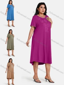 Wholesale Women's Plus Size Elegant Crew Neck Short Sleeve Embroidery Midi Dress, LIUHUA CLOTHING WHOLESALE