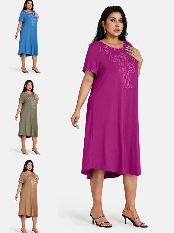 Women's Plus Size Elegant Crew Neck Short Sleeve Embroidery Midi Dress, Clothing Wholesale Market -LIUHUA, Women, Dress, Sleeveless-Dress