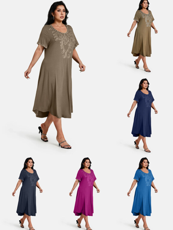 Women's Plus Size Elegant Crew Neck Short Sleeve Embroidery Midi Dress, Clothing Wholesale Market -LIUHUA, Women, Dress, Sleeveless-Dress
