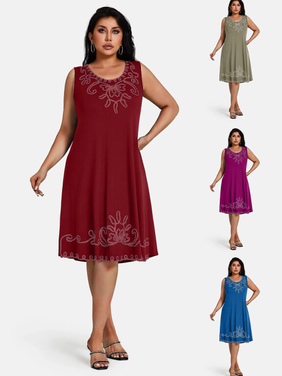 Women's Plus Size Elegant Crew Neck Sleeveless Embroidery Knee Length Tank Dress, Clothing Wholesale Market -LIUHUA, Women, Dress, Sleeveless-Dress