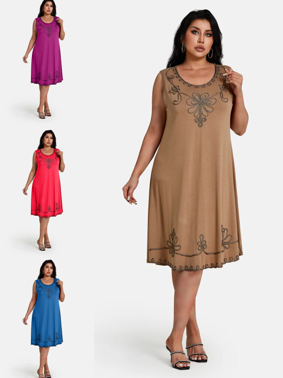 Women's Plus Size Elegant Scoop Neck Sleeveless Embroidery Knee Length Tank Dress, Clothing Wholesale Market -LIUHUA, Women, Dress, Sleeveless-Dress