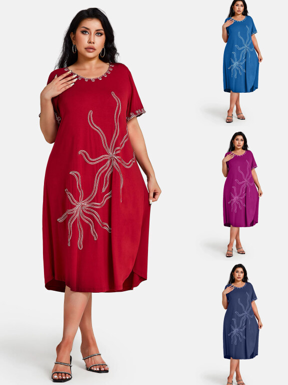 Women's Plus Size Elegant Crew Neck Short Sleeve Embroidery Knee Length Dress, Clothing Wholesale Market -LIUHUA, Women, Dress, Sleeveless-Dress
