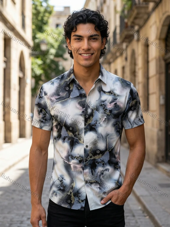 Wholesale 2026 Wholesale In Stock Men's Slim Fit Short Sleeve Shirt | Abstract Art Print Casual Formal Button Down