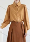 Wholesale Women's Casual Collared Puff Sleeve Button Down Ruched Plain Shirts 555660# - Liuhuamall