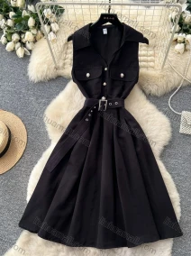 Wholesale Women's Casual Sleeveless Lapel Collar Button Front Belted Pleated A-Line Midi Dress #3256, LIUHUA CLOTHING WHOLESALE