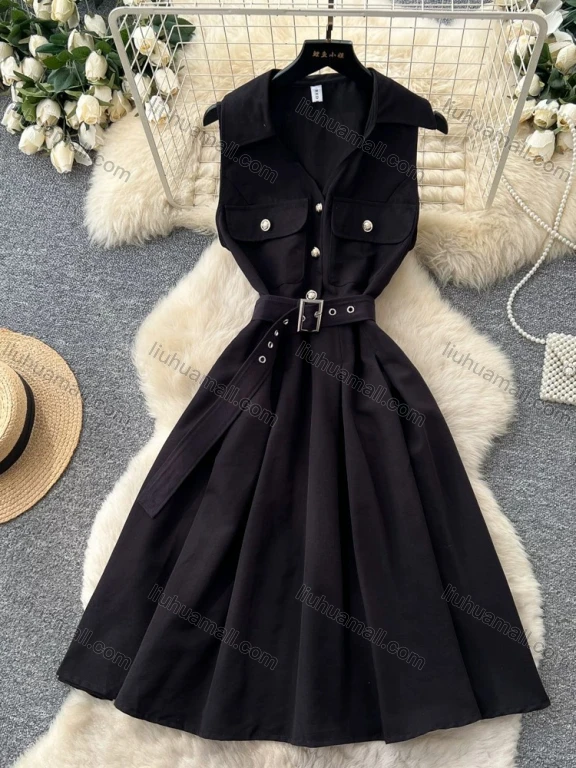 Wholesale Women's Casual Sleeveless Lapel Collar Button Front Belted Pleated A-Line Midi Dress #3256