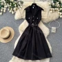 Wholesale Women's Casual Sleeveless Lapel Collar Button Front Belted Pleated A-Line Midi Dress #3256 preview