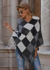 Wholesale Women's Casual Batwing Sleeve Checkerboard Fringe Trim Poncho - Liuhuamall