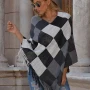 Wholesale Women's Casual Batwing Sleeve Checkerboard Fringe Trim Poncho preview