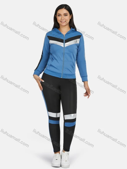 Wholesale Women's Sport Hooded Colorblock Zipper Long Sleeve Top & Jogger Sets