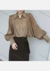 Wholesale Women's Elegant Collared Batwing Sleeve Button Down Ruched Plain Shirts 645719# - Liuhuamall