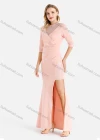Wholesale Women's Elegant Crew Neck Splicing Rhinestone Mesh Zip Back Ruched Split Side Evening Dress - Liuhuamall