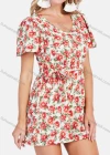 Wholesale Women's Casual Scoop Neck Floral Print High Waist Short Sleeve Romper With Belt - Liuhuamall