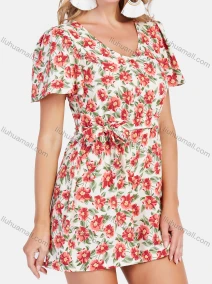 Wholesale Women's Casual Scoop Neck Floral Print High Waist Short Sleeve Romper With Belt, LIUHUA CLOTHING WHOLESALE