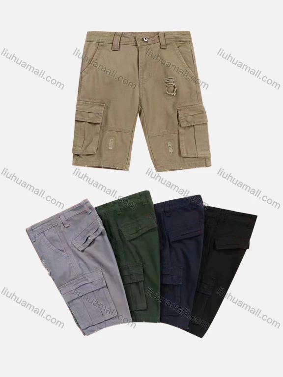 Wholesale Boys Casual Plain Button Closure Flap Pockets Ripped Cargo Shorts 58505#