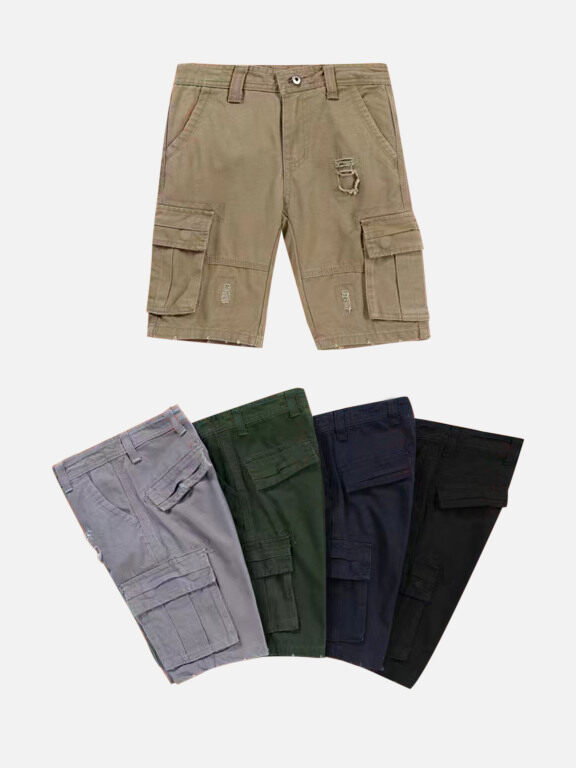 Boys Casual Plain Button Closure Flap Pockets Ripped Cargo Shorts 58505#, Clothing Wholesale Market -LIUHUA, KIDS-BABY, Boys-Clothing