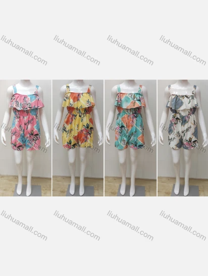 Wholesale Girls Causal Sleeveless Ruffle Trim Floral Print Romper
