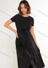 Wholesale Women's Casual Plain Round Neck Short Sleeve Plain Midi Dress With Belt AY237# - Liuhuamall