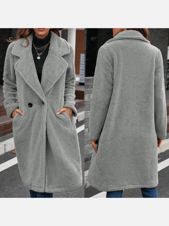 Women's Casual Plain Lapel Pockets Double Breasted Long Sleeve Fluffy OverCoat, Clothing Wholesale Market -LIUHUA, Women, Women-s-Outerwear, Women-s-Jacket