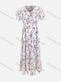 Wholesale Women's Elegant Short Sleeve V Neck Ruffle Trim Floral Print Maxi Dress LS3004#, LIUHUA CLOTHING WHOLESALE