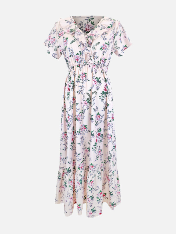 Women's Elegant Short Sleeve V Neck Ruffle Trim Floral Print Maxi Dress LS3004#, Clothing Wholesale Market -LIUHUA, Women, Women-s-Clothing-Sets
