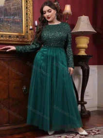 Wholesale Women's Elegant Crew Neck Long Sleeve Sequin Maxi Evening Dress, LIUHUA CLOTHING WHOLESALE