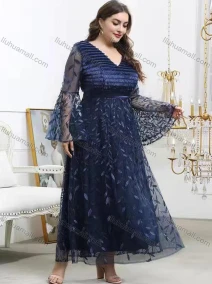 Wholesale Women's Elegant V Neck See Through Sleeve Embroidery Lace Maxi Evening Dress, LIUHUA CLOTHING WHOLESALE