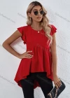 Wholesale Women's Plain Petal Crew Neck Ruffle Sleeve High Low Hem Tunic B1020X# - Liuhuamall