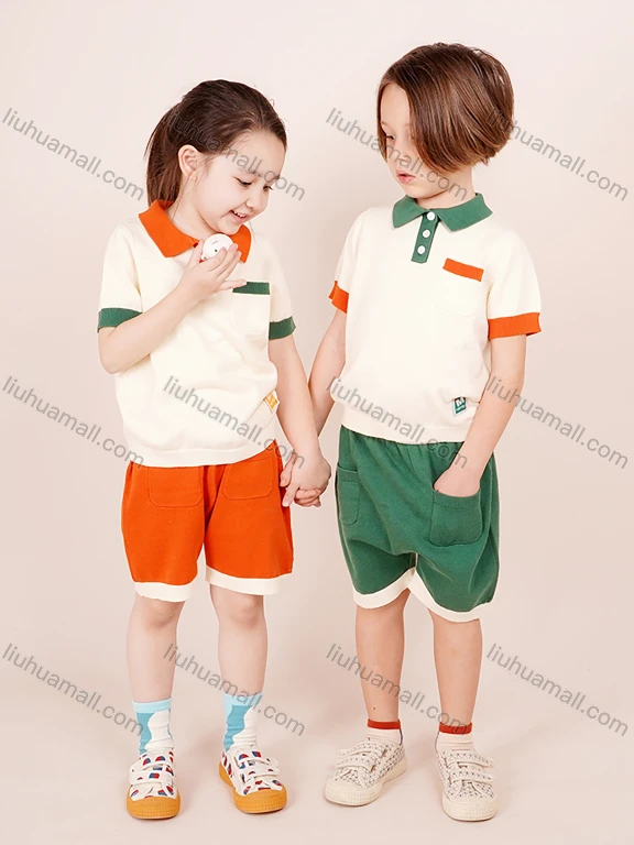 Wholesale Kids Casual Short Sleeve Colorblock Polo Shirts & Shorts Knit 2 Piece Sets MB21BTZ459#